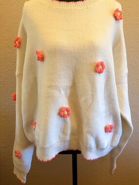 Cream Floral Accent Women’s Sweater - Coral Flower Detail